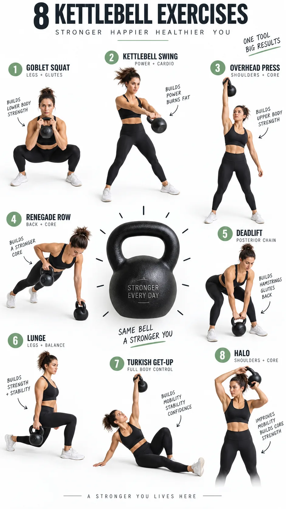 An overhead flat-lay style infographic showing 8 kettlebell exercise positions illustrated on a clean white background, with a single black kettlebell placed in the center of the frame. Bright, editorial fitness photography style.