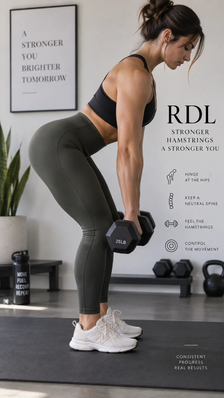 Close-up side view of a fit person performing a dumbbell Romanian deadlift with proper hip hinge form, showing hamstring engagement, in a minimalist home workout space, professional fitness photography
