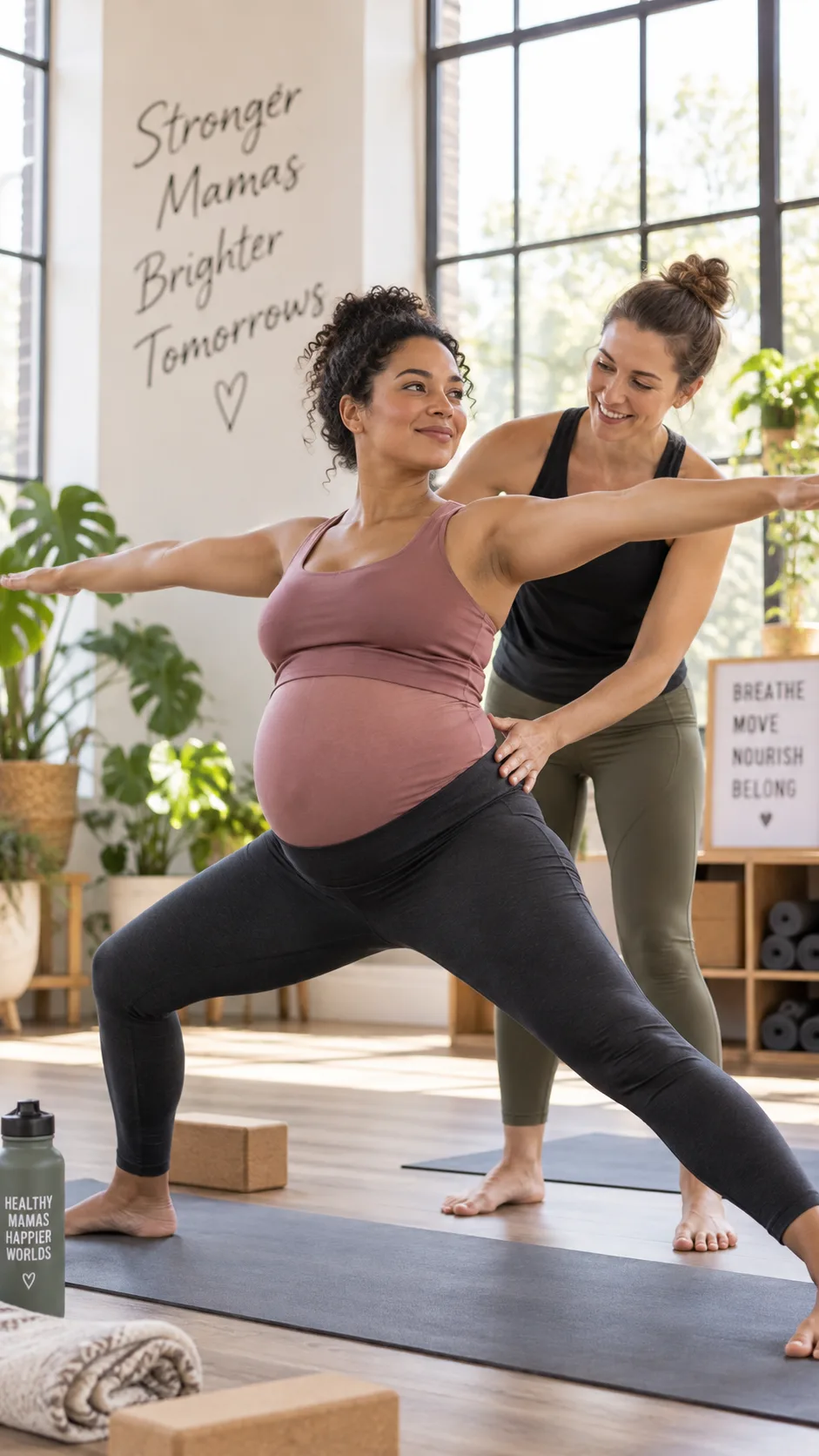 Pregnant woman doing gentle prenatal yoga warrior pose in a bright studio, supportive instructor nearby, warm natural light, inclusive fitness photography, diverse representation
