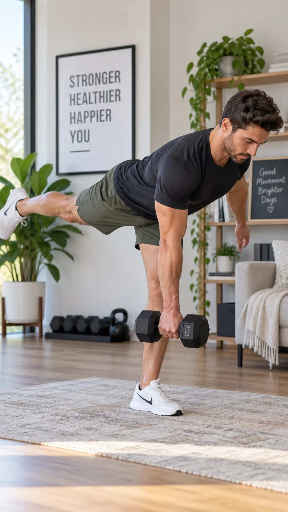 A man performing a single-leg dumbbell deadlift with perfect form, balanced on one leg with the other extended behind, holding a dumbbell, shot in a clean home environment with natural lighting, fitness photography