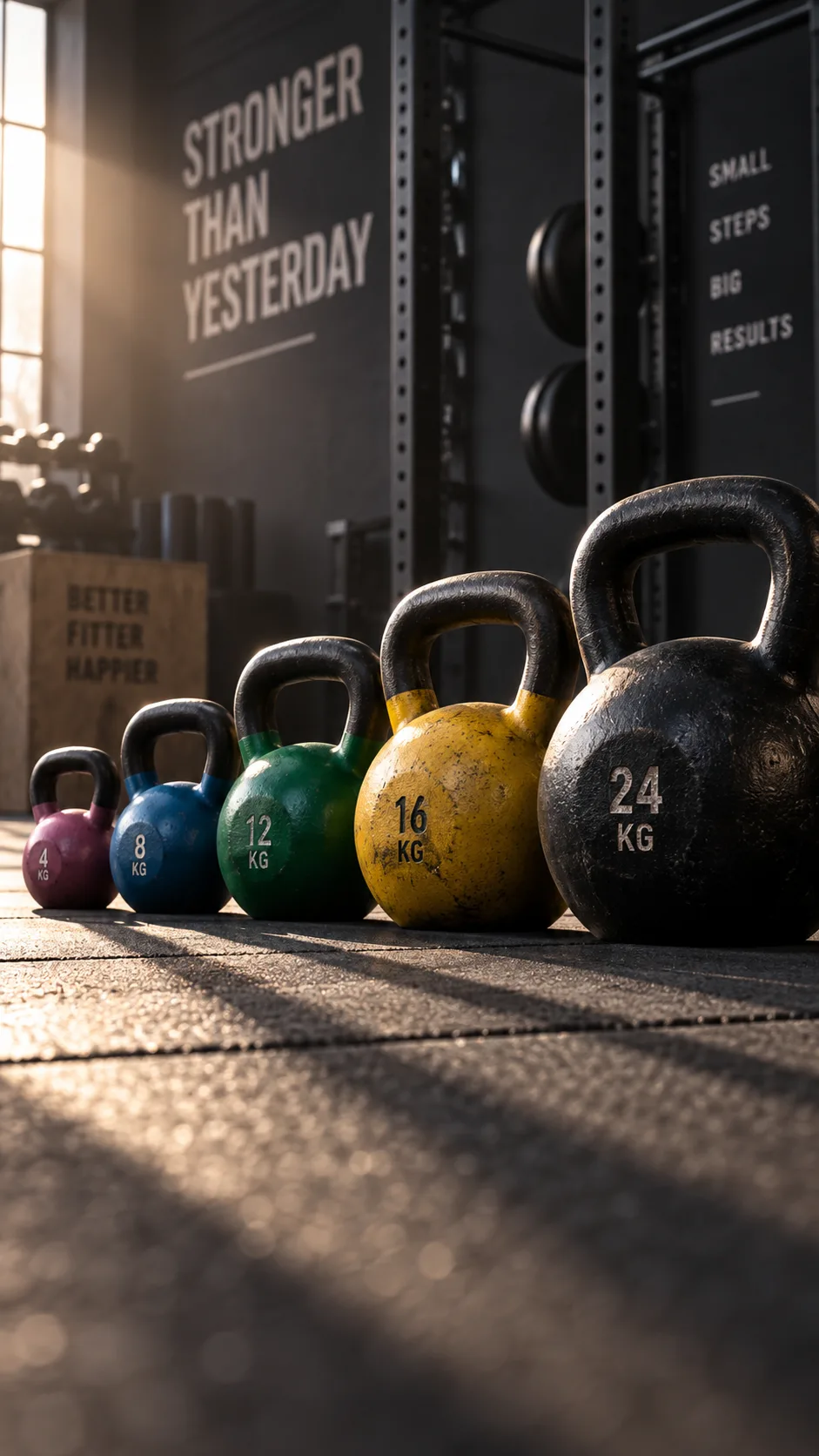 A collection of different sized kettlebells arranged in a row from smallest to largest on a gym floor, with dramatic side lighting creating shadows. Shot from a low angle showing the weight progression clearly.