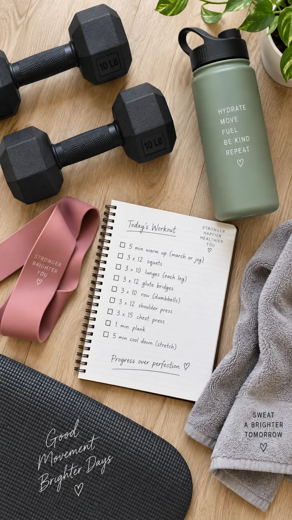 Flat lay of a home workout setup including a pair of rubber hex dumbbells, a resistance band, a water bottle, workout towel, and a notebook with a workout plan written in it, shot from above on a light wooden floor, clean lifestyle photography
