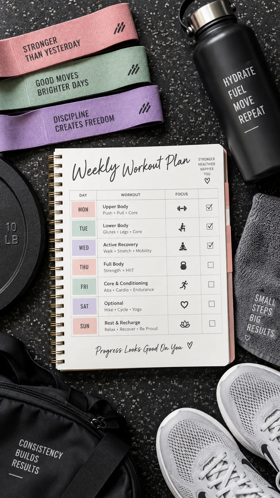 Flat lay of a weekly workout planner notebook on a gym floor, surrounded by resistance bands, a water bottle, and sneakers, clean and organized aesthetic, top-down view