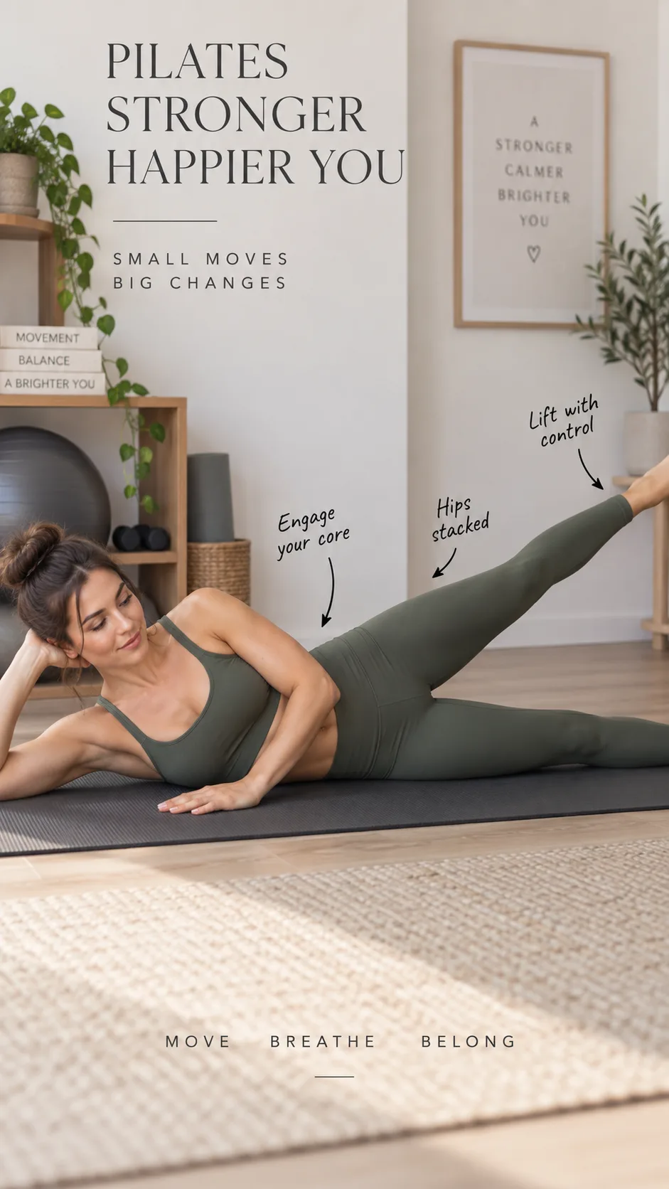 Close-up of a woman lying on her side on a Pilates mat performing a side-lying leg lift, showing proper alignment with stacked hips and engaged core, in a minimalist home workout space