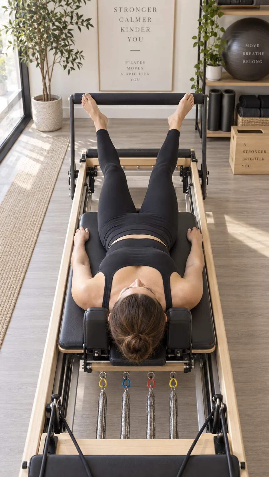 Overhead view of a person performing the footwork series on a Pilates reformer, feet pressed against the footbar in Pilates V position, springs visible, carriage extended, in a well-lit professional studio