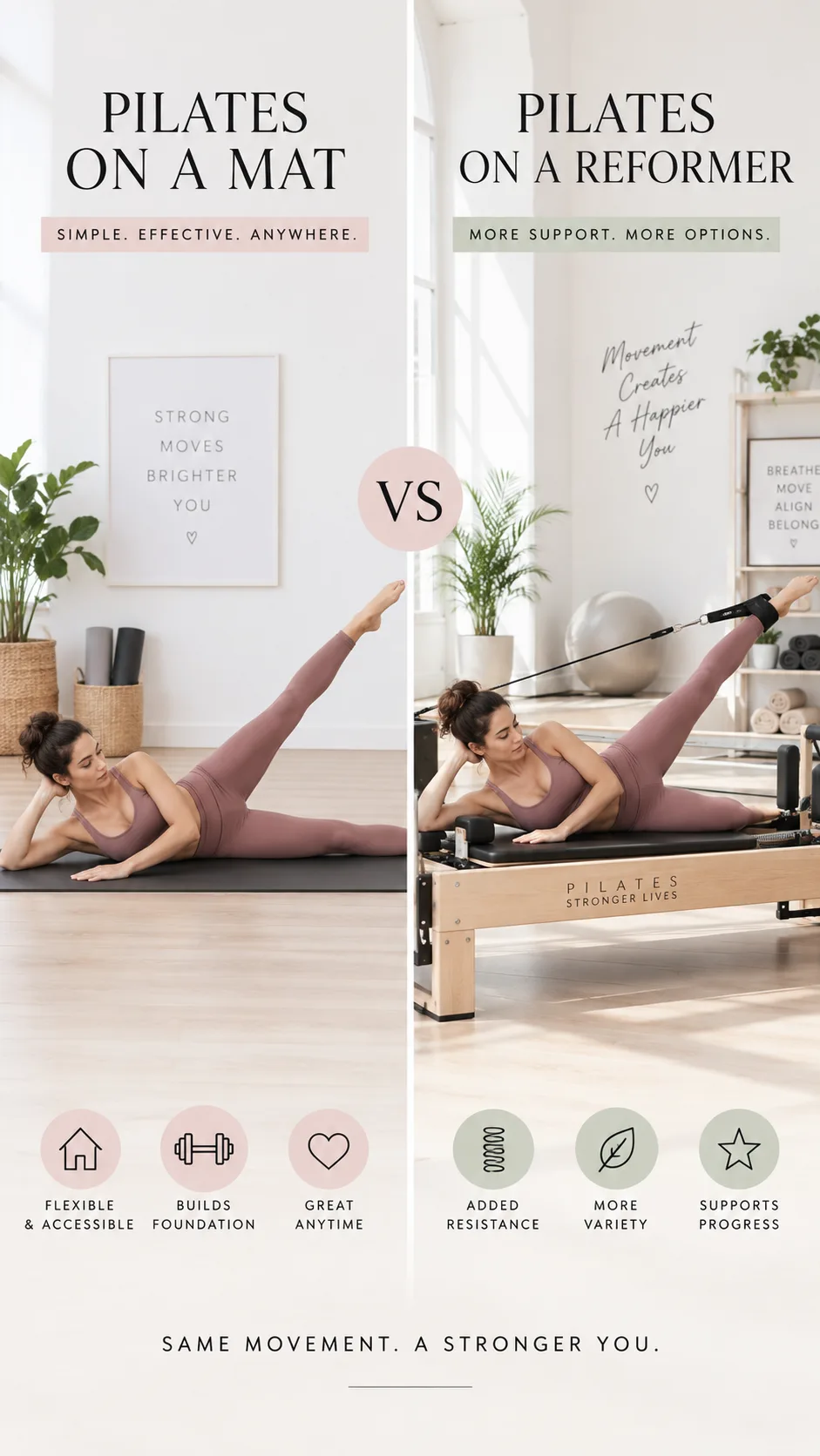 Split comparison image showing a woman performing a Pilates leg exercise on a mat on the left side and the same type of exercise on a reformer on the right side, both in bright studio settings with clean backgrounds