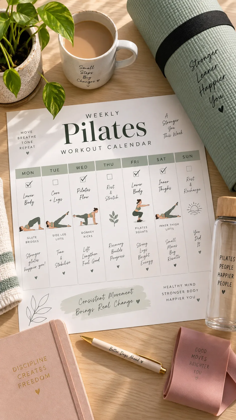 A weekly Pilates workout calendar laid out on a clean desk with a yoga mat rolled beside it, showing marked workout days with small illustrations of leg exercises, warm natural lighting, top-down flat lay photography