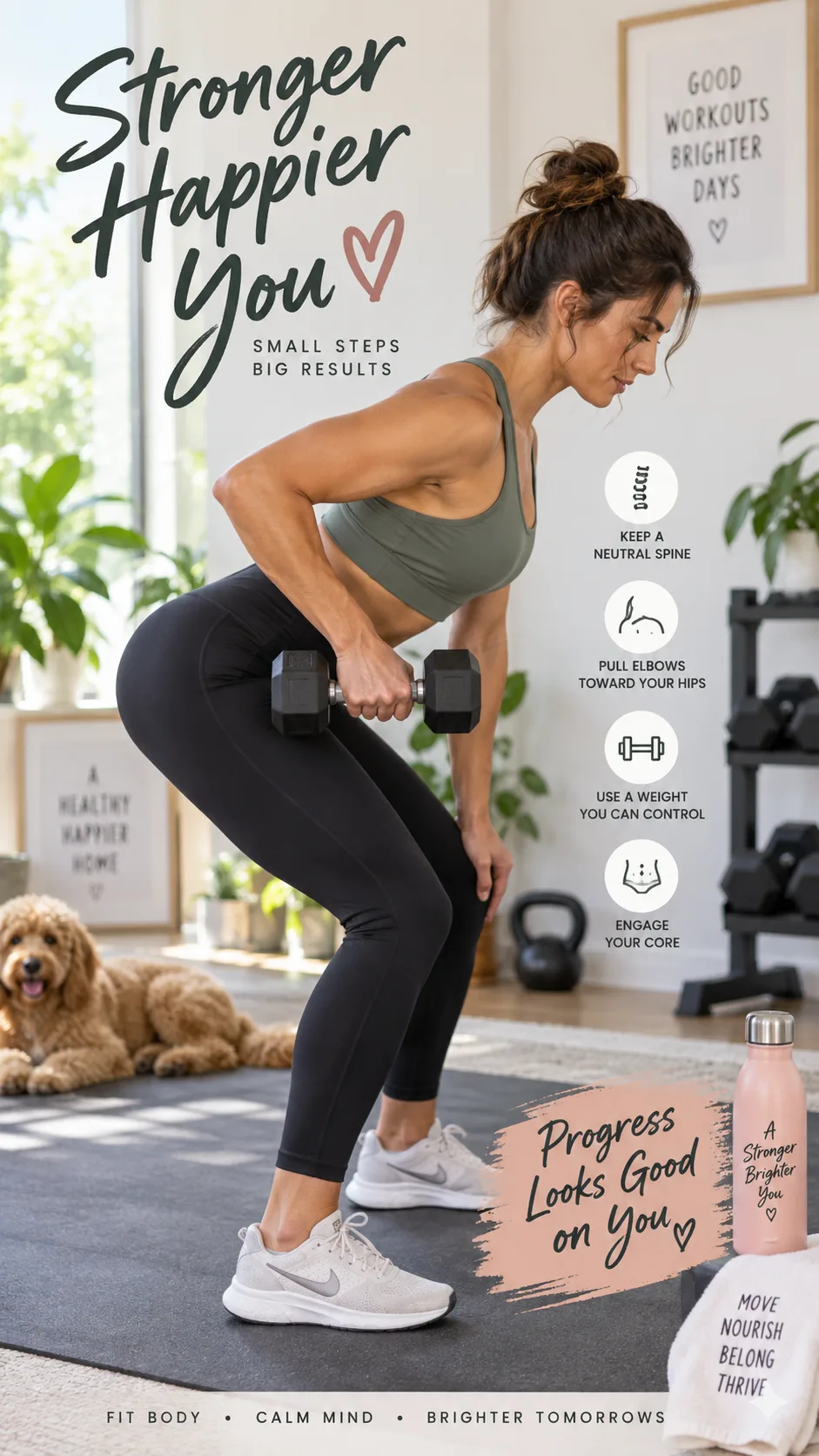 Athletic woman performing a dumbbell bent-over row in a bright home gym setting, side profile, showing proper form with neutral spine, light dumbbells, activewear, motivational and approachable mood