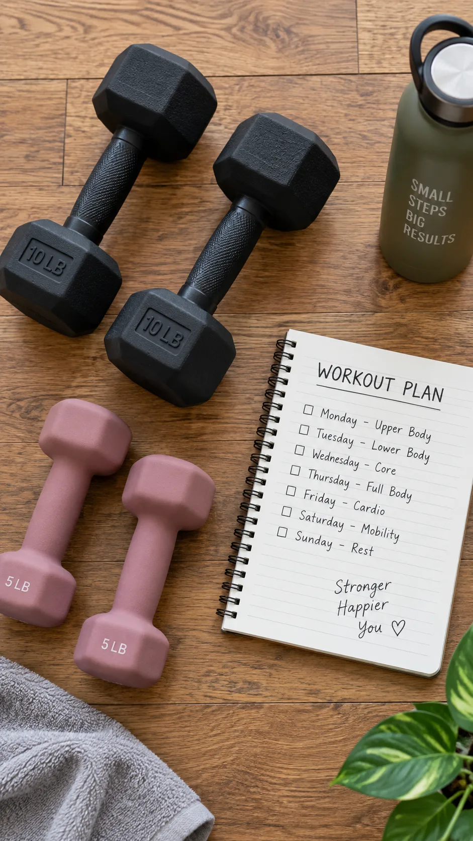 Flat lay of two pairs of dumbbells on a wooden gym floor with a workout plan notepad beside them, clean and minimal composition, natural lighting