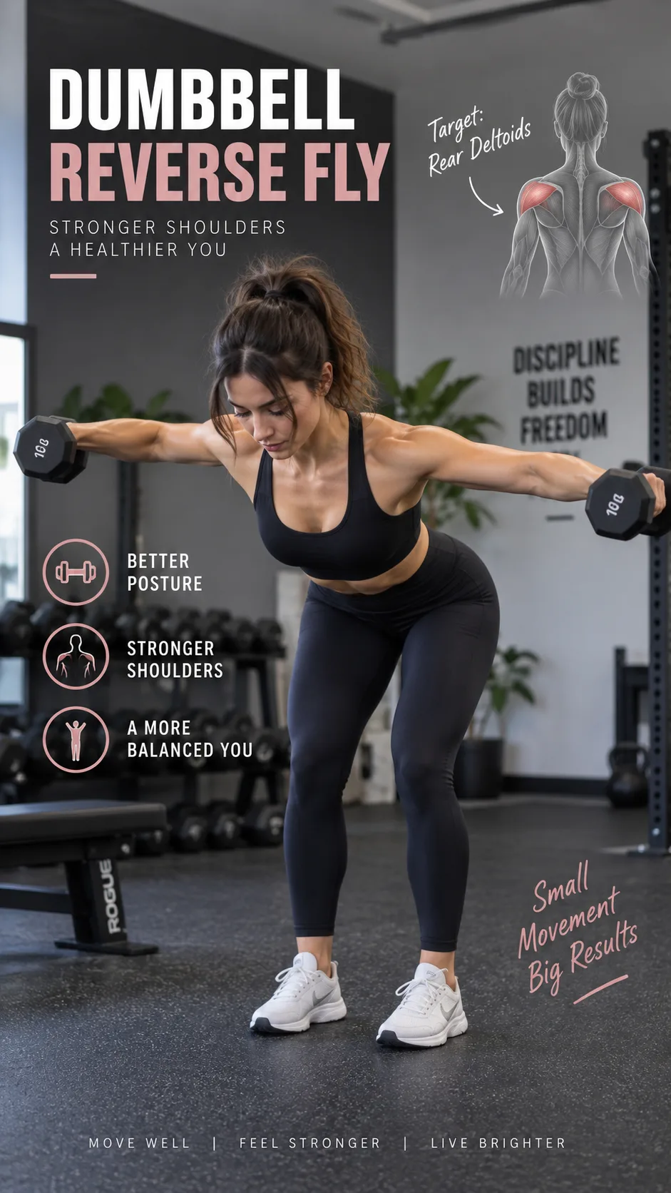 Woman performing a dumbbell reverse fly, bent forward at hips with arms extended to the sides at shoulder height, rear deltoid activation focus, clean gym background