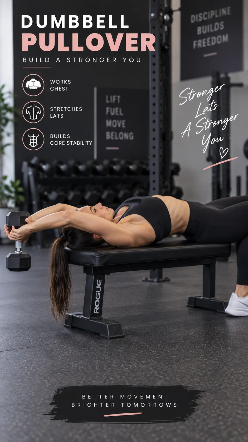 Woman performing a dumbbell pullover lying on a flat bench, arms extended back over head holding one dumbbell with both hands, correct form with slight elbow bend, gym setting