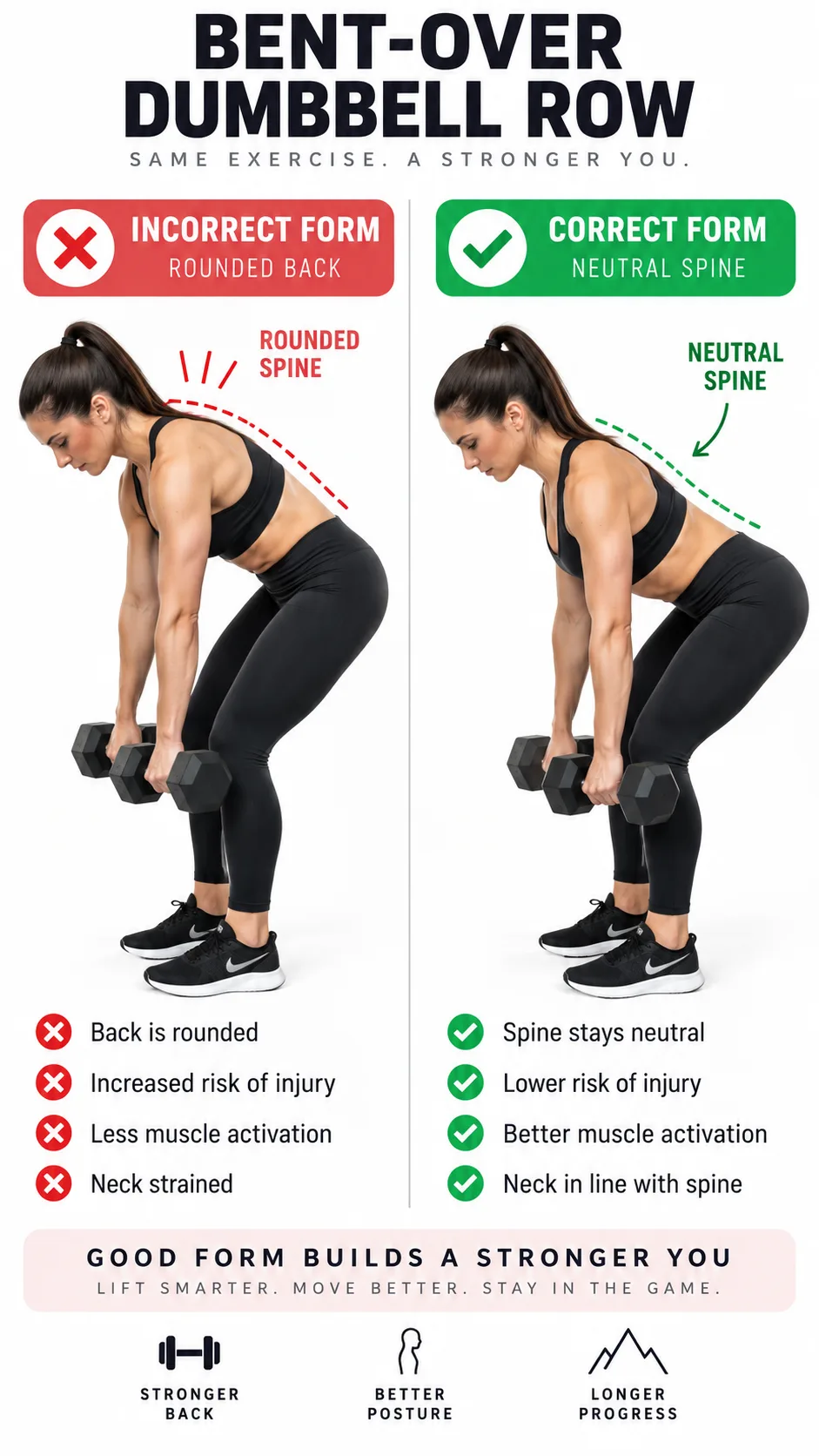 Side-by-side comparison infographic style photo showing incorrect (rounded back) vs correct (neutral spine) form for a bent-over dumbbell row, clean white background, educational fitness content