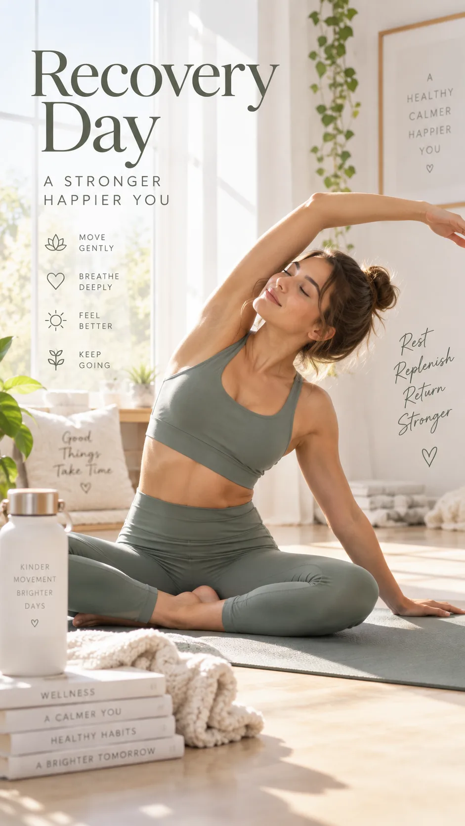 Woman doing a gentle yoga stretch on a mat in a bright, airy room, recovery day aesthetic, soft morning light, peaceful and rejuvenating atmosphere, athletic wear