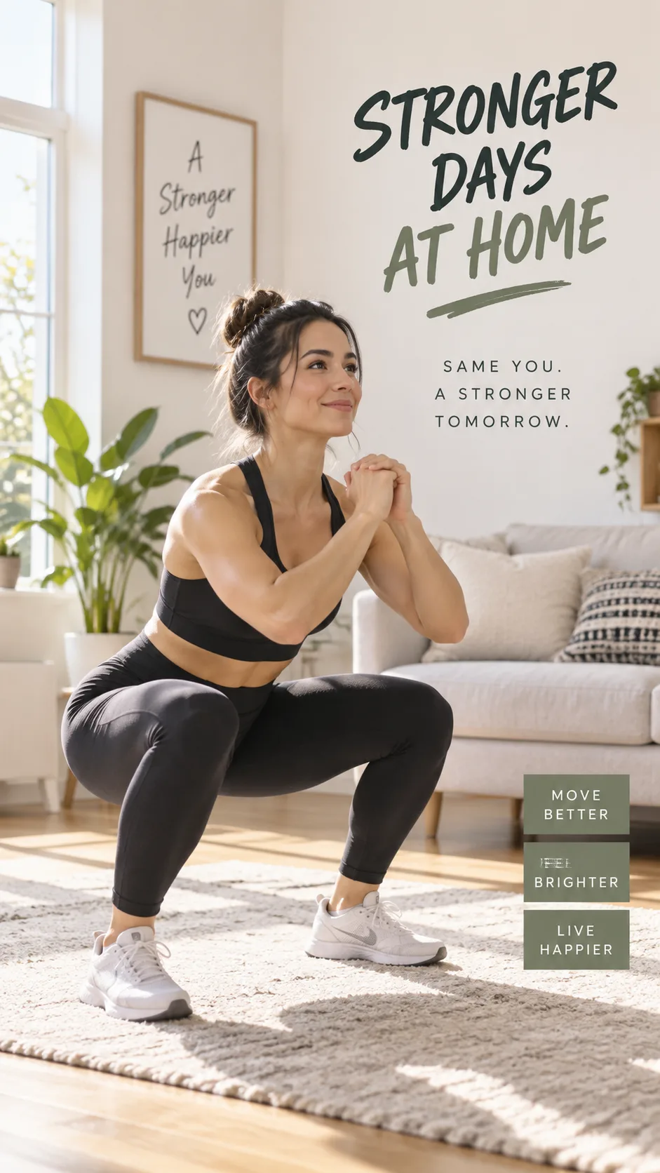 A person performing a bodyweight squat in a bright, minimalist living room with natural light, wearing athletic clothing, no equipment visible, motivational home workout atmosphere