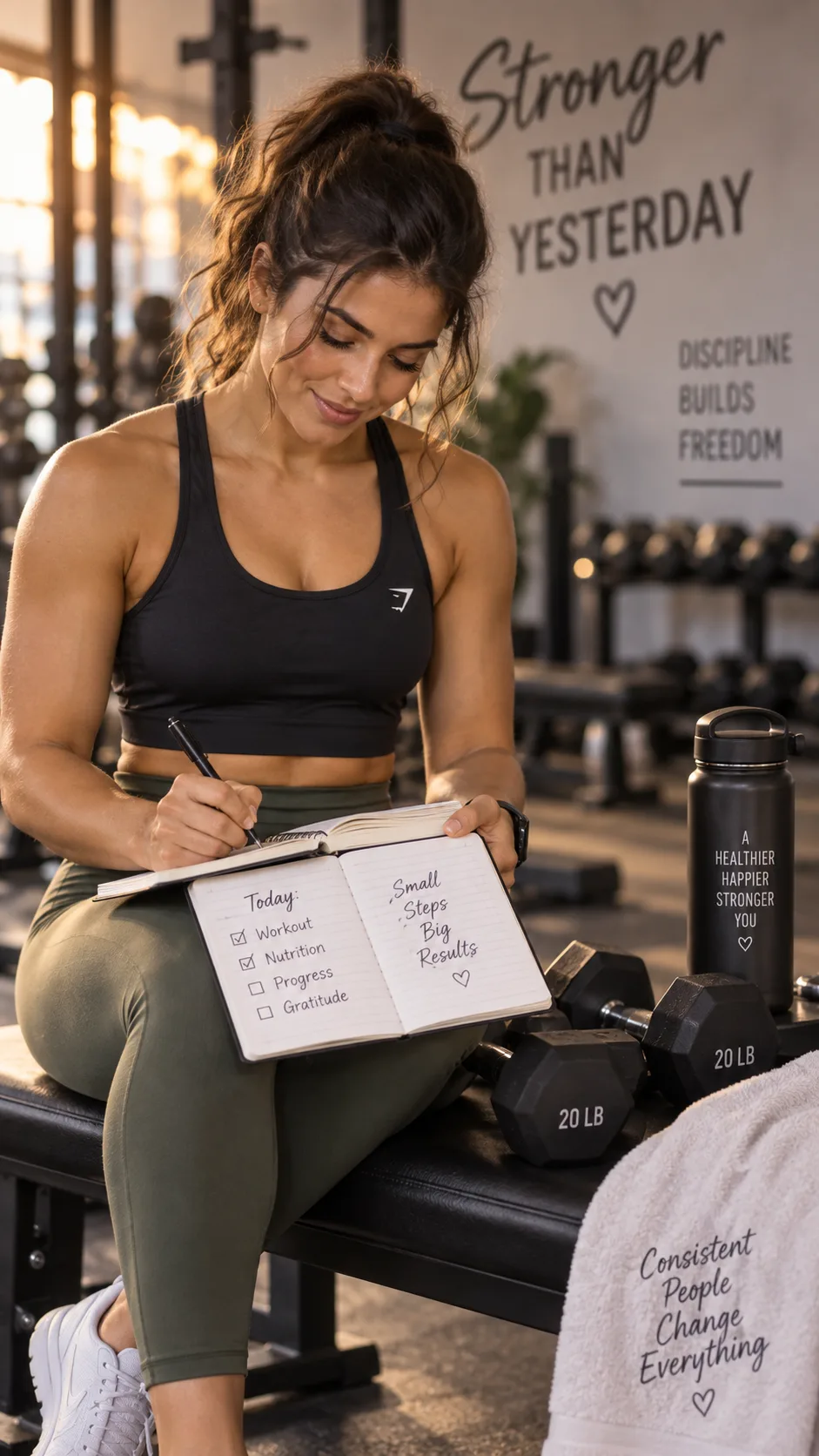 Woman checking her workout log in a gym, writing in a notebook with a pen, dumbbells visible beside her, soft focus background, warm and intentional atmosphere, athletic clothing