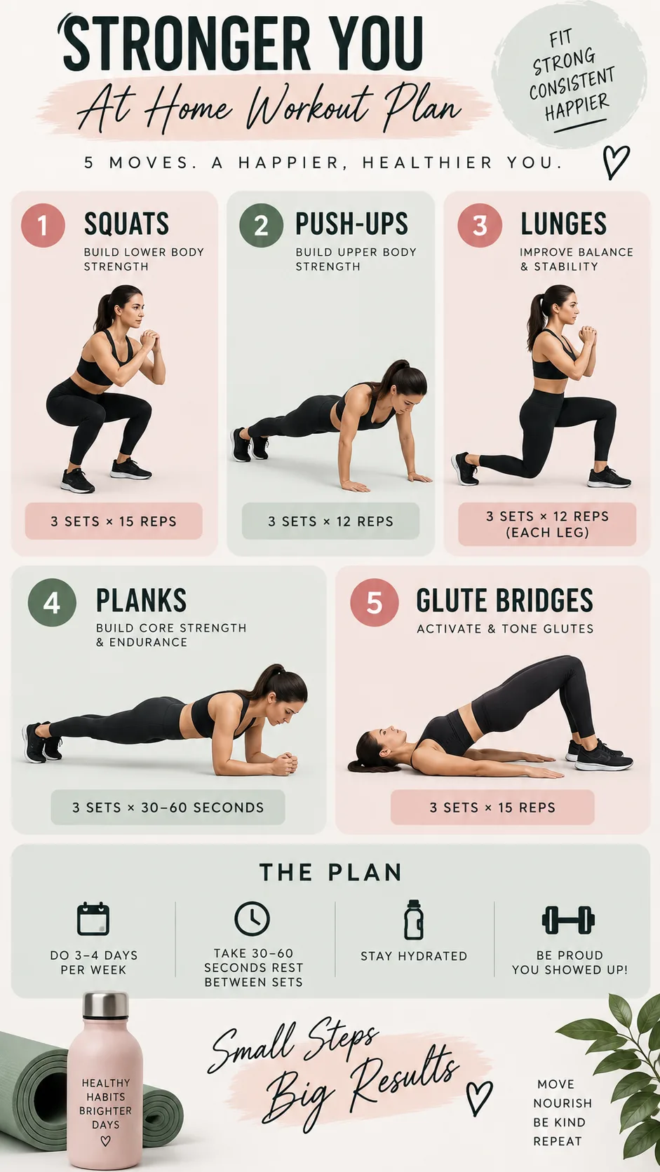 An infographic-style flat lay showing exercise icons for squats, push-ups, lunges, planks, and glute bridges arranged in a clean workout plan format on a light background