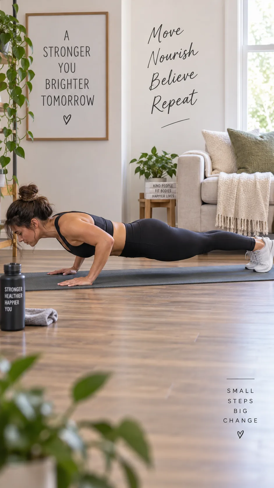 A woman demonstrating a push-up with perfect form on a yoga mat in a home setting, side profile view showing straight body alignment from head to heels