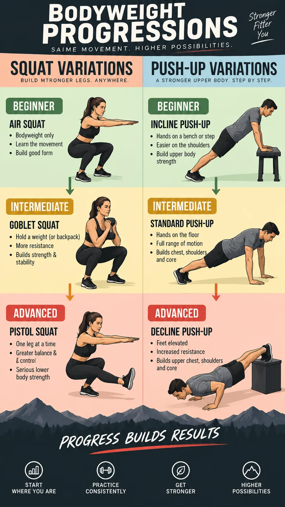 A progression chart showing bodyweight exercise difficulty levels from beginner to advanced, with illustrations of squat variations and push-up variations side by side