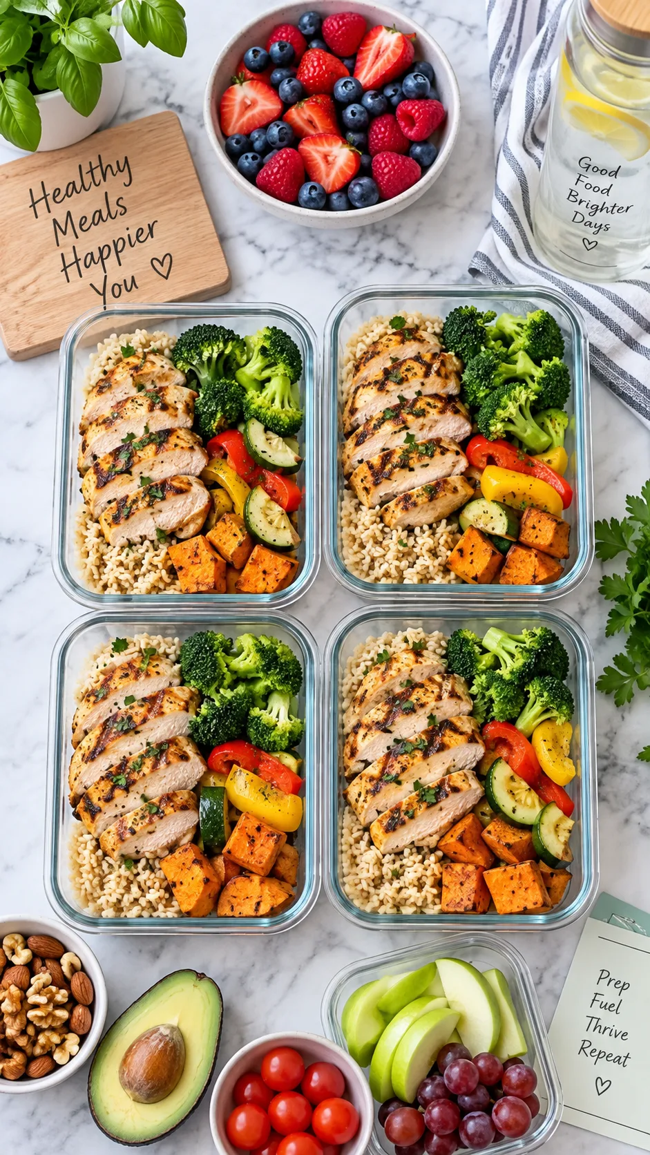 A colorful flat lay of healthy meal prep containers with grilled chicken, brown rice, vegetables, and fruits on a clean kitchen counter, photographed from above