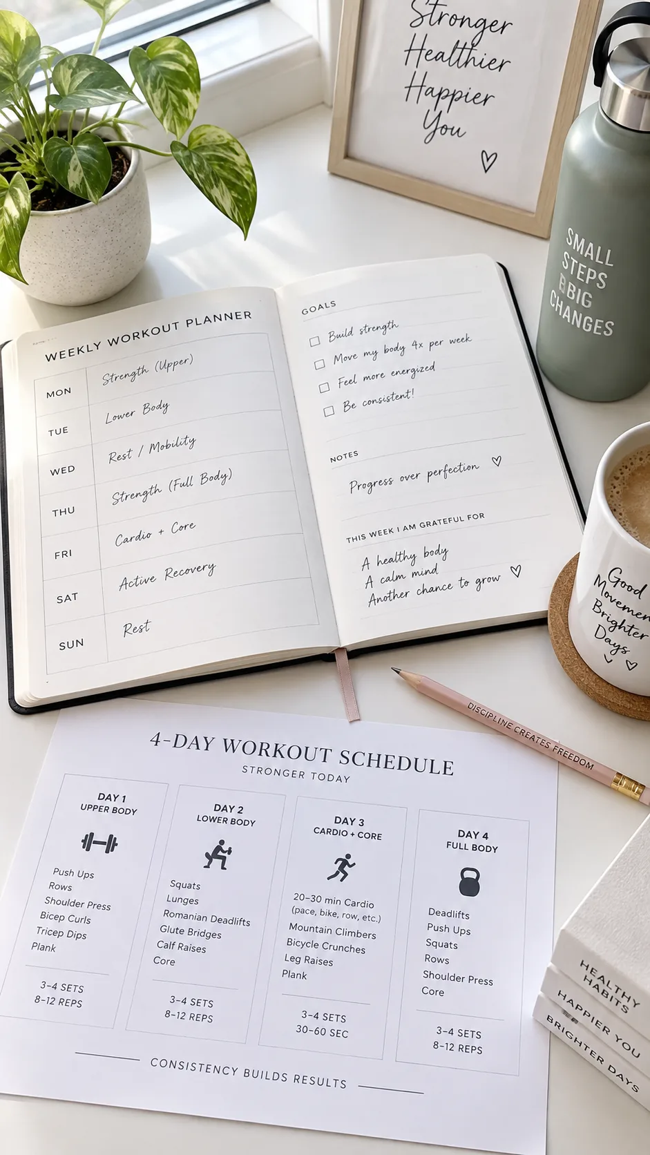 Flat lay of a weekly workout planner journal open on a white desk, with a pencil, small plant, and a printed 4-day workout schedule visible, minimalist aesthetic, natural light from window
