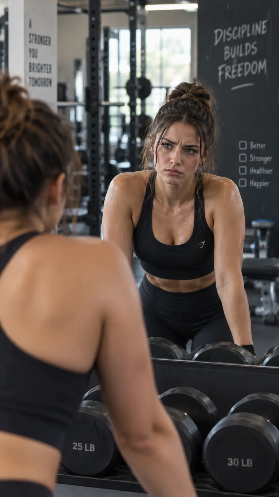 A person looking at themselves in a gym mirror with a slightly frustrated but determined expression, natural gym lighting, candid photography style, fitness environment with weights visible in background