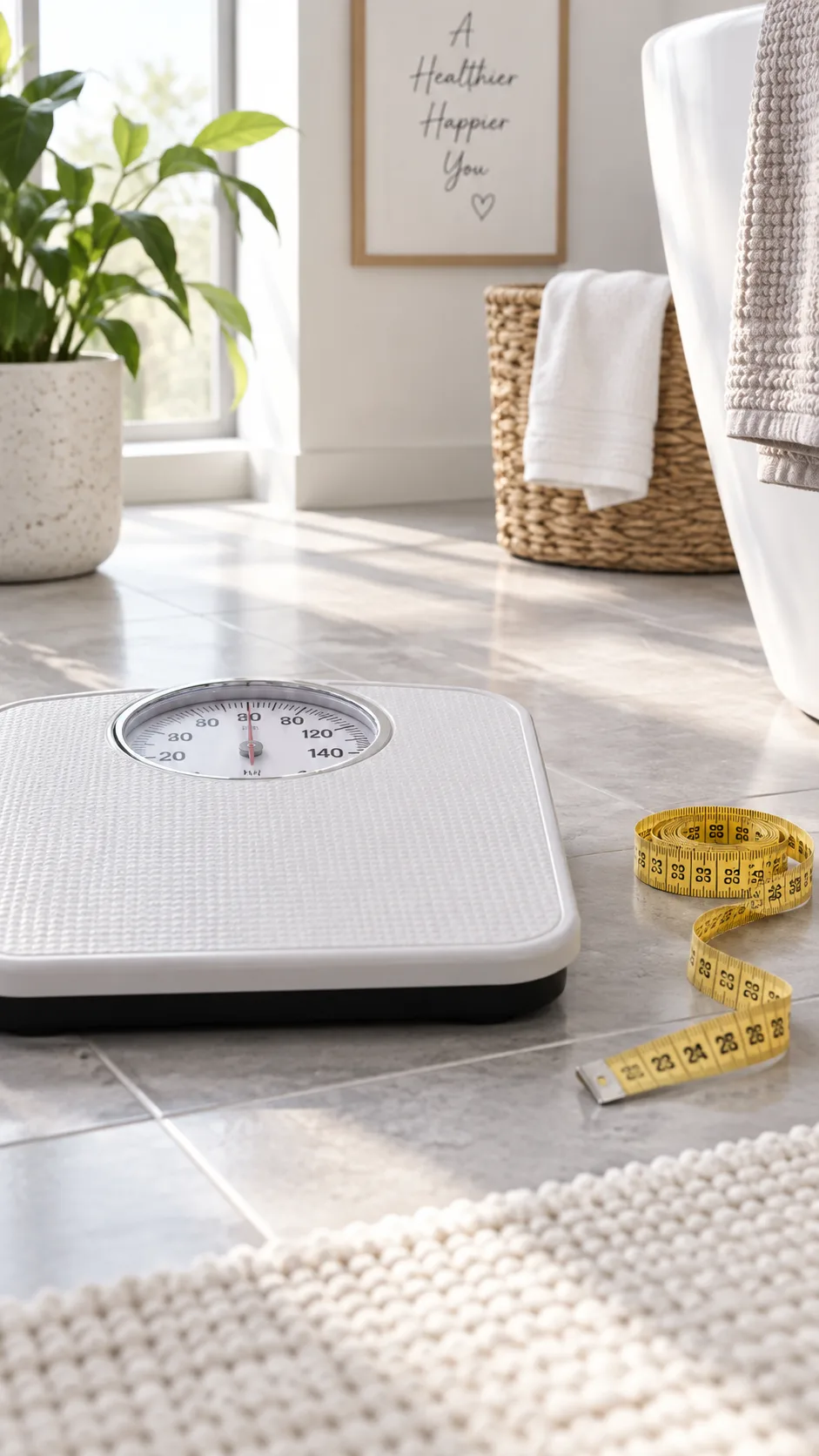 A bathroom scale next to a measuring tape on a clean bathroom floor, soft morning light, minimalist composition suggesting the tension between weight and body measurements