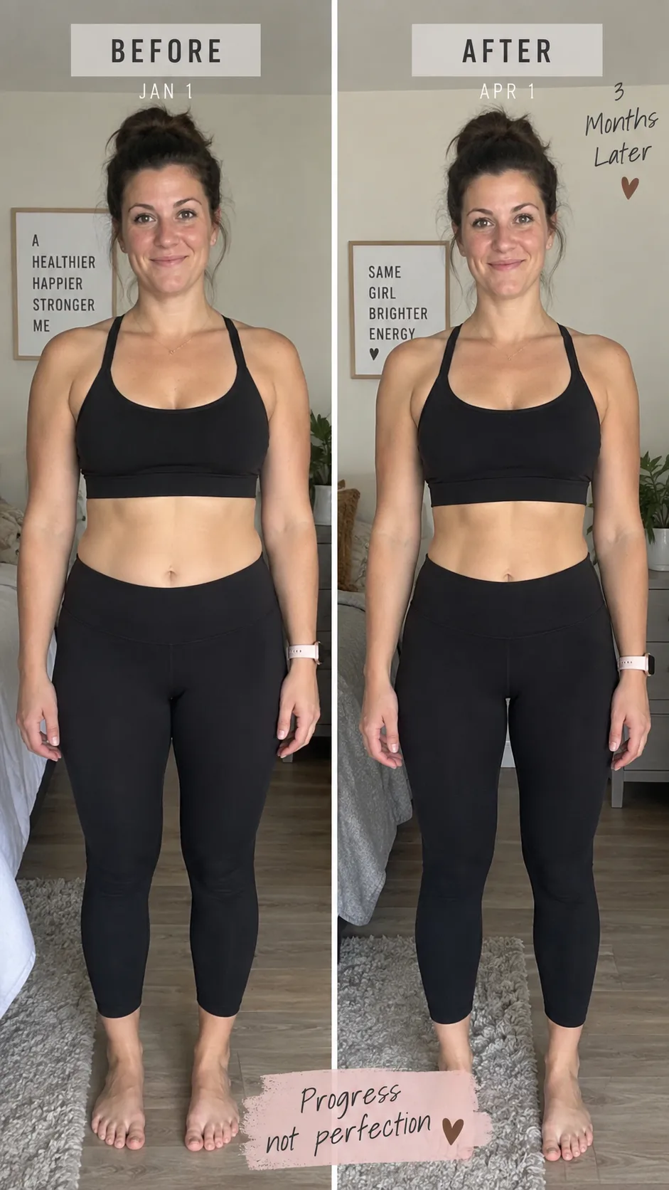 Before and after fitness transformation comparison, side by side photos of the same person showing 3 months of progress, natural lighting, realistic and authentic looking, not overly dramatic transformation