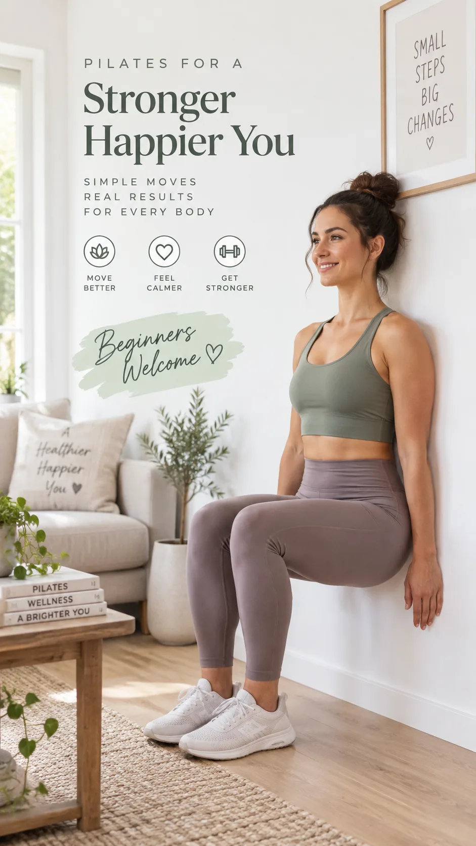Woman in comfortable workout clothes performing a wall sit Pilates exercise against a clean white wall in a bright minimalist living room, natural lighting, beginner-friendly fitness setting