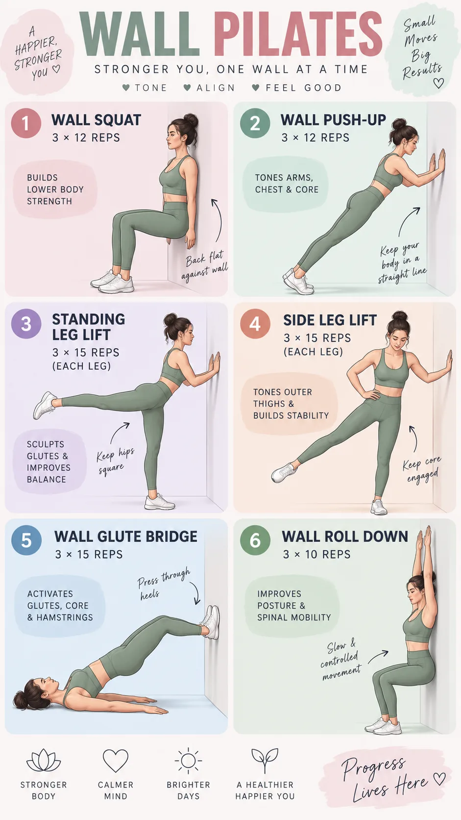 Illustrated step-by-step fitness chart showing six different wall Pilates exercises with a woman demonstrating proper form, clean infographic style with exercise names and rep counts, light pastel color scheme