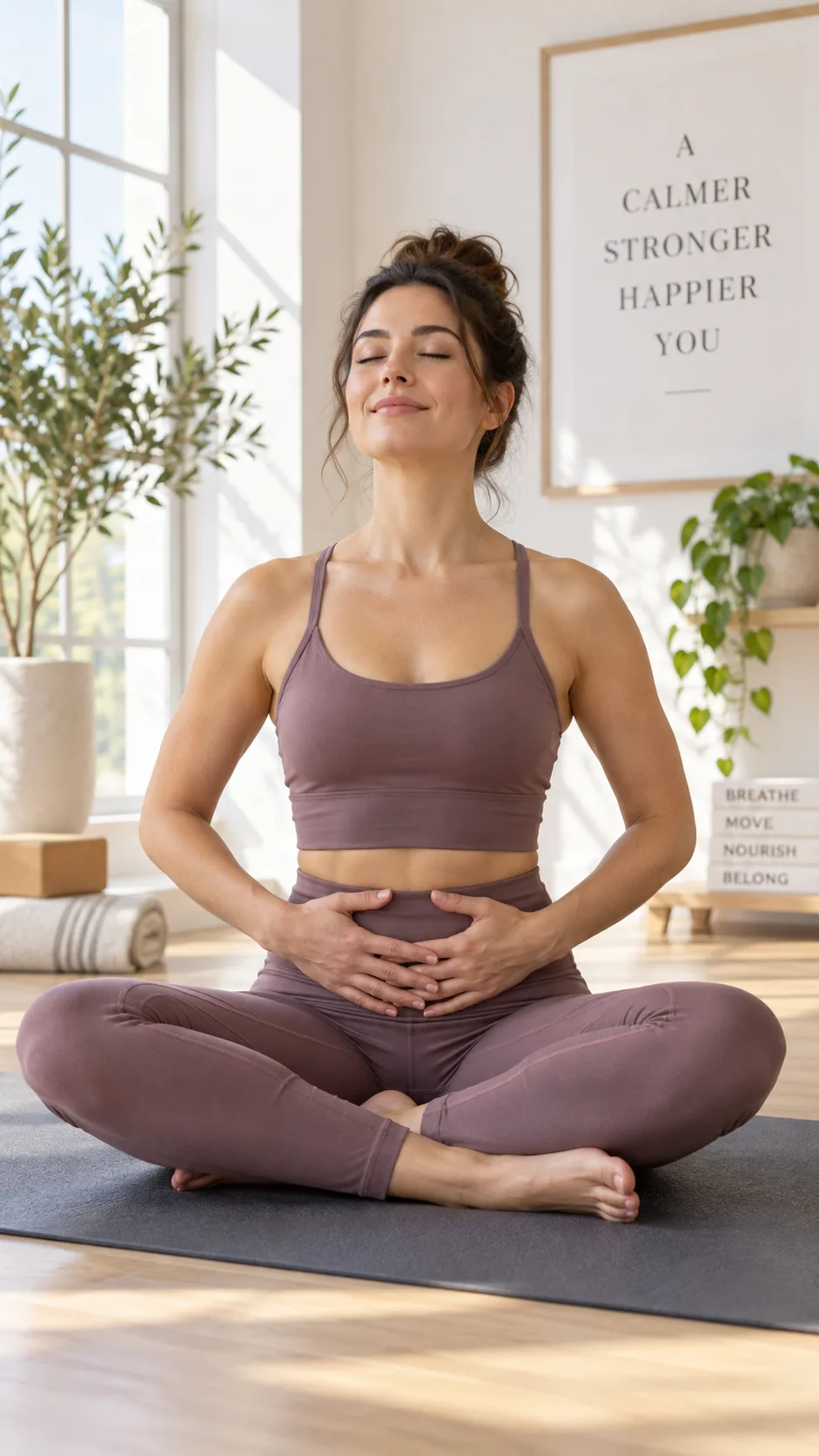 Woman performing a gentle deep core breathing exercise on a yoga mat in a bright minimalist studio, hands placed on lower abdomen, peaceful focused expression, soft natural lighting