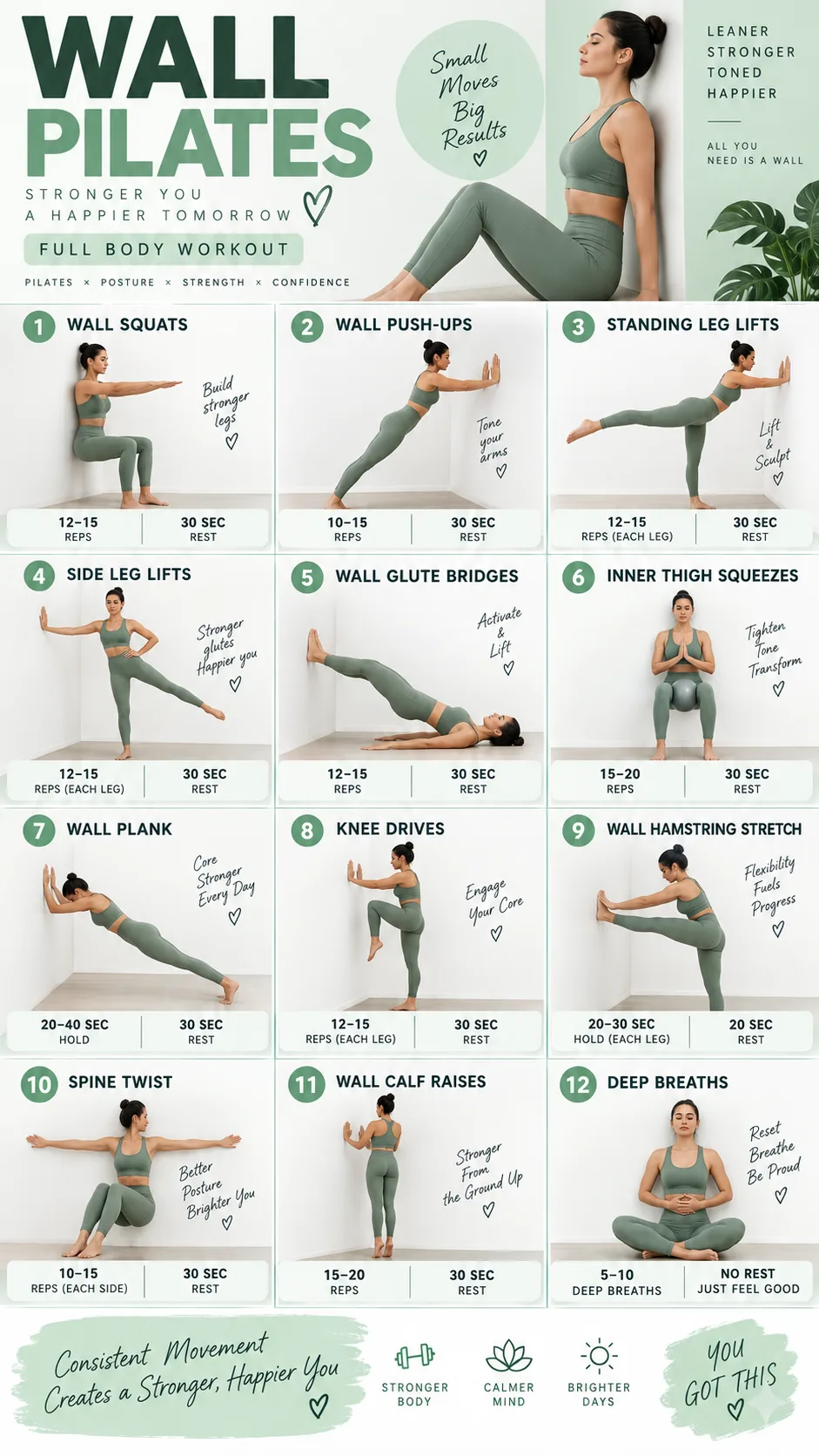 Clean printable wall Pilates workout chart with exercise illustrations, rep counts, and rest periods organized in a grid layout, modern fitness infographic design with mint green and white color scheme, print-ready format