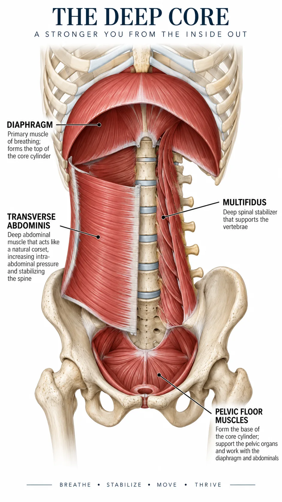 Anatomical illustration showing the deep core muscle cylinder including diaphragm, transverse abdominis, multifidus, and pelvic floor muscles, clean medical-style diagram with labels on white background