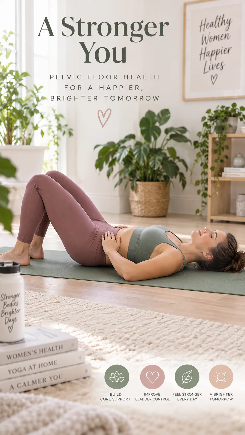 Woman lying on yoga mat with knees bent performing pelvic floor exercise, hands resting on hip bones, serene expression, well-lit home workout space with plants in background