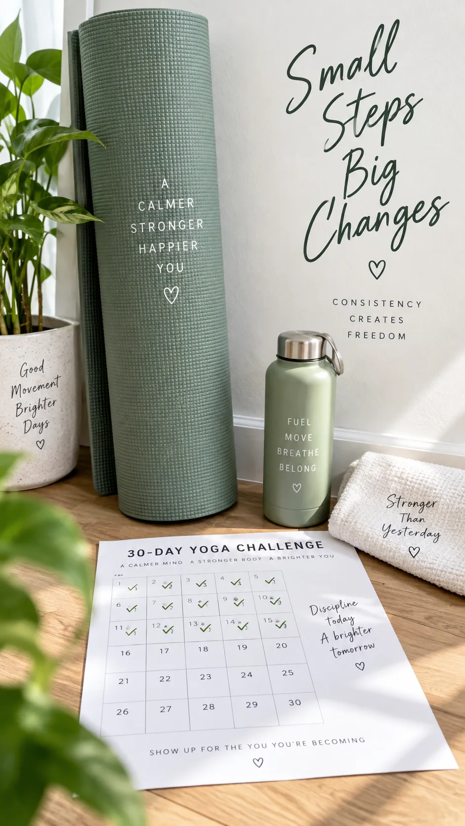 Motivational flat-lay photograph of a yoga mat placed against a clean wall, water bottle, small towel, and a printed 30-day challenge calendar with checkmarks, bright natural light, minimalist fitness aesthetic