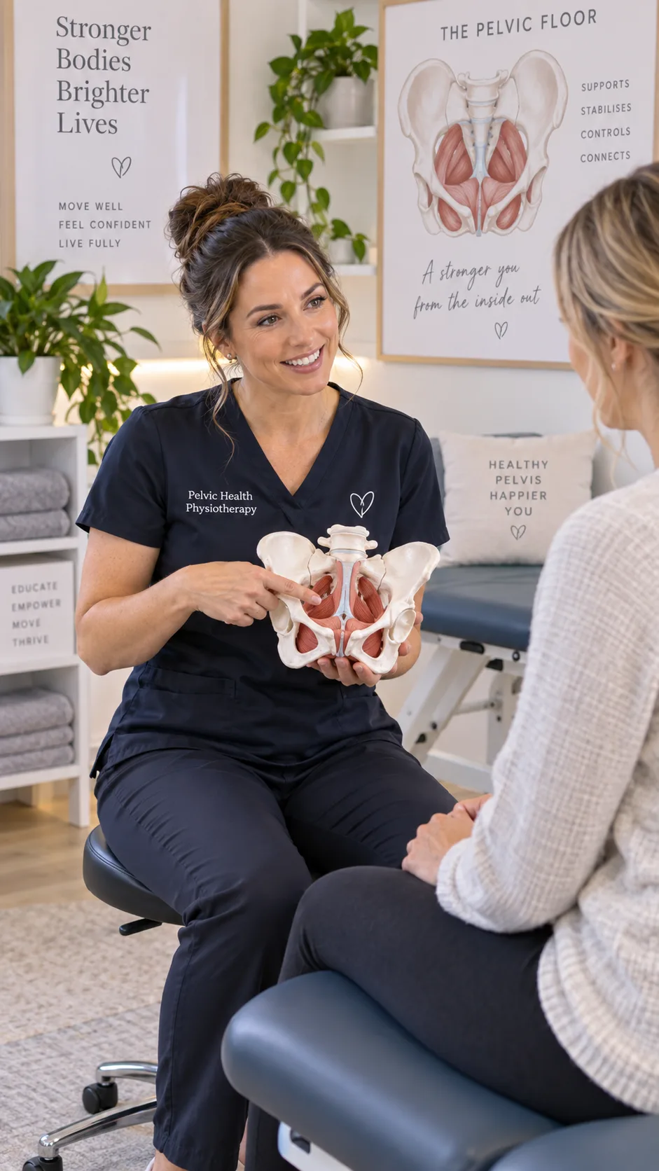 Pelvic floor physiotherapist consulting with a female patient in a clinical setting, explaining anatomy using a pelvic model, professional and warm atmosphere, well-lit treatment room