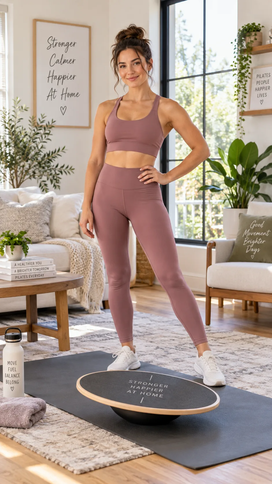 A bright, modern living room with a woman standing next to a Pilates balance board on a yoga mat, wearing workout clothes, looking ready to begin a home workout session, natural daylight streaming through windows