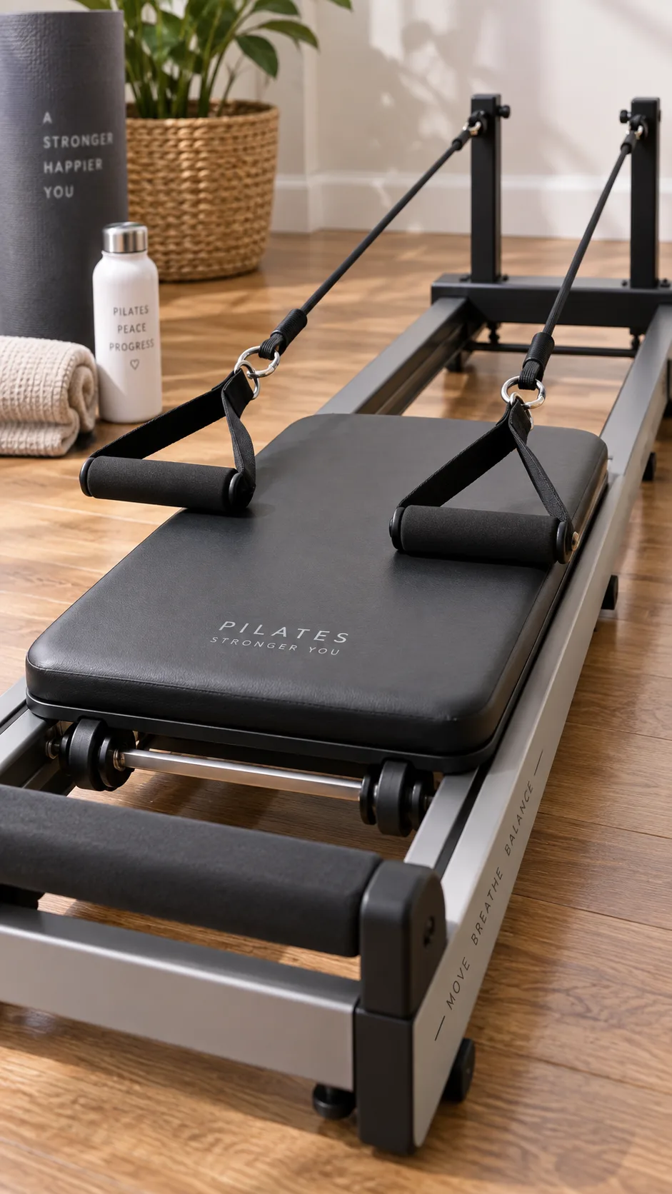 Close-up photograph of a portable Pilates reformer board with resistance bands attached, placed on a hardwood floor, showing the sliding carriage mechanism and handles, clean product-style photography with soft shadows