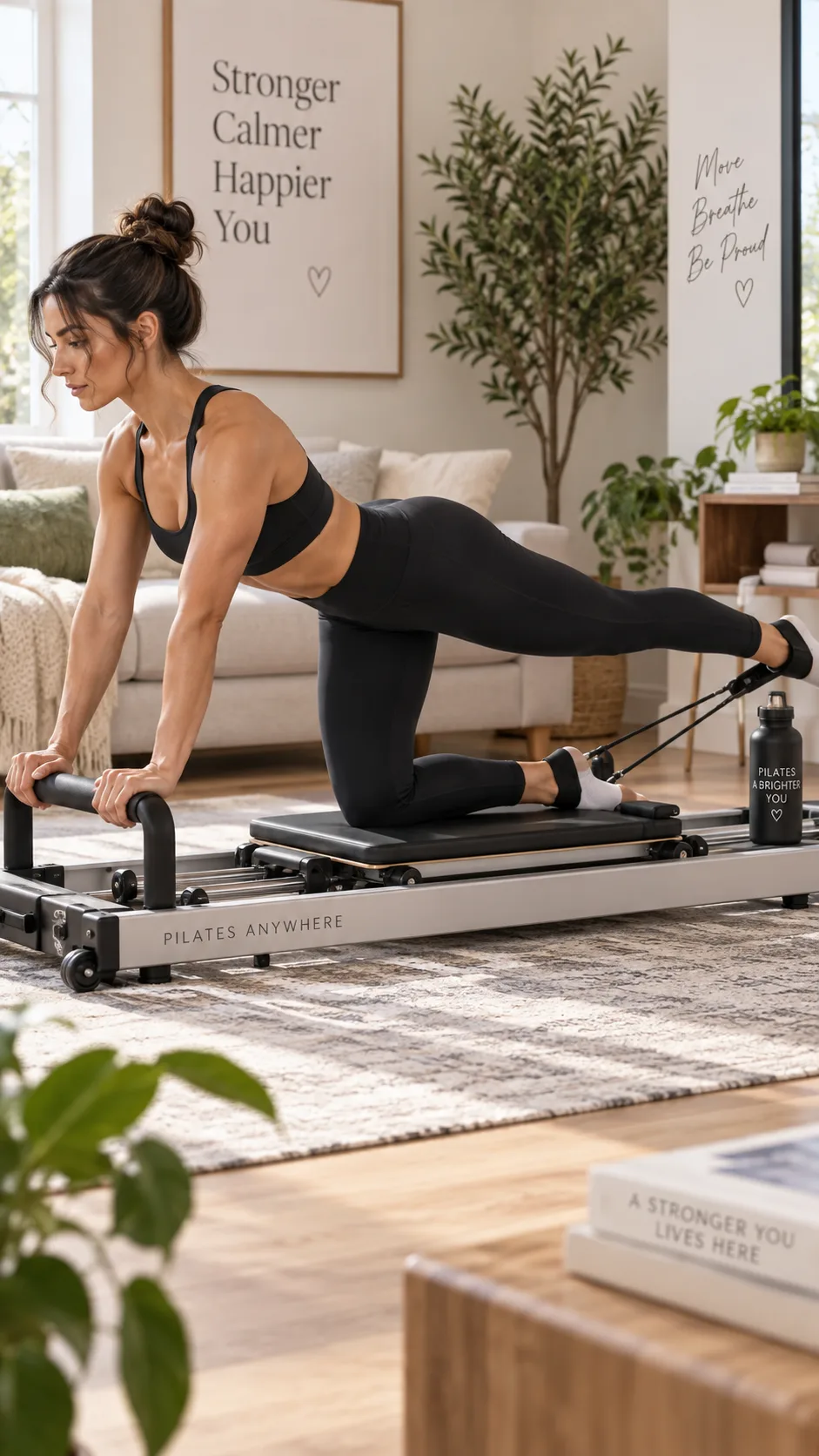 A fit woman performing a Pilates exercise on a portable reformer board at home, demonstrating proper form with engaged core, wearing black leggings and a sports bra, side angle view showing the sliding mechanism in action