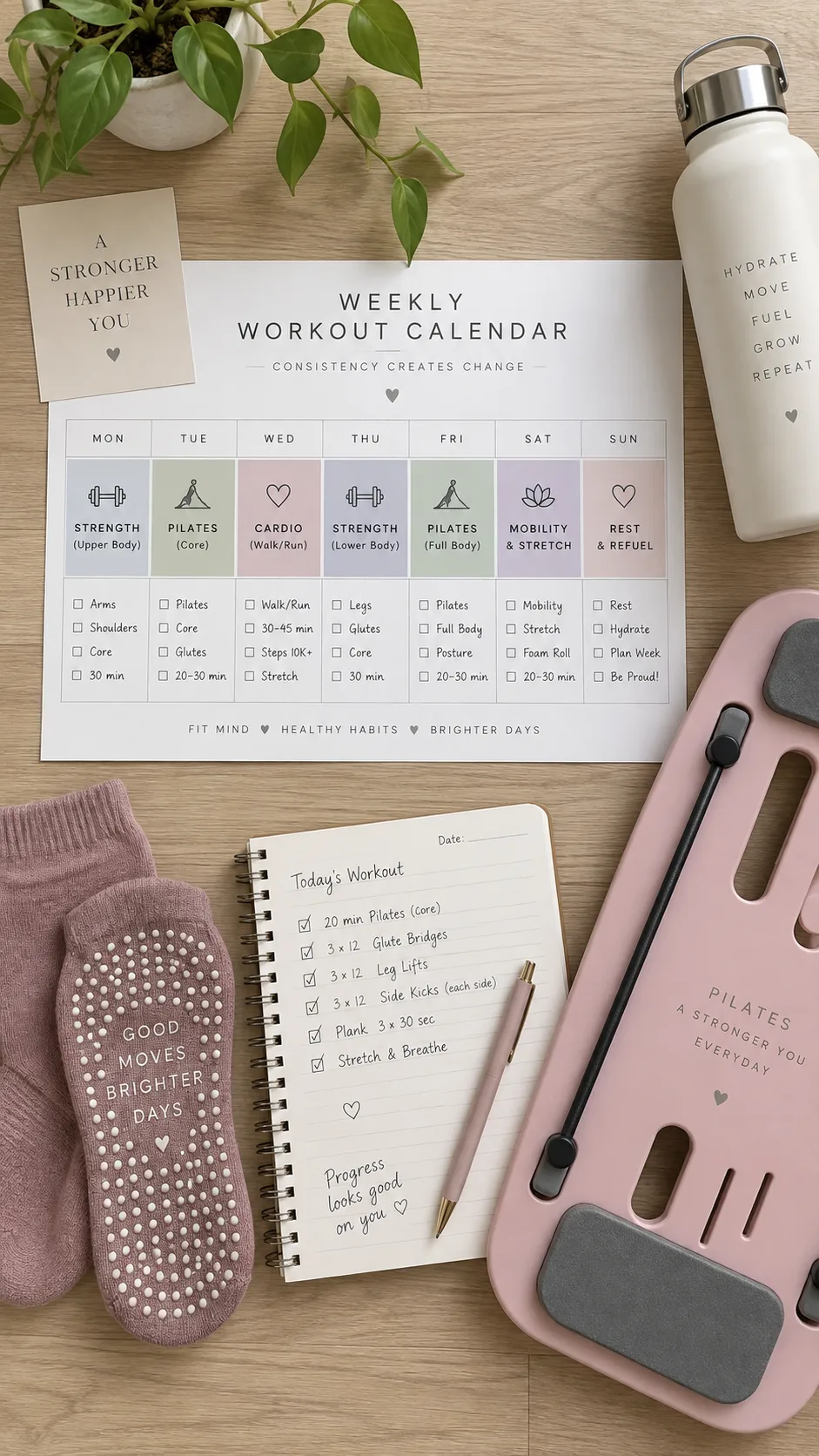A clean, minimalist infographic-style flat lay photograph showing a weekly workout calendar, a Pilates board, grip socks, a water bottle, and a notebook with workout notes written on it, overhead shot on a light wooden surface