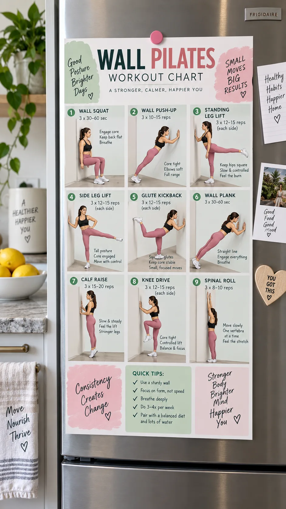 A clean, professionally designed workout chart layout pinned to a refrigerator with a magnet, showing illustrated Pilates exercises with a wall, colorful but readable design, photographed straight-on in a modern kitchen setting
