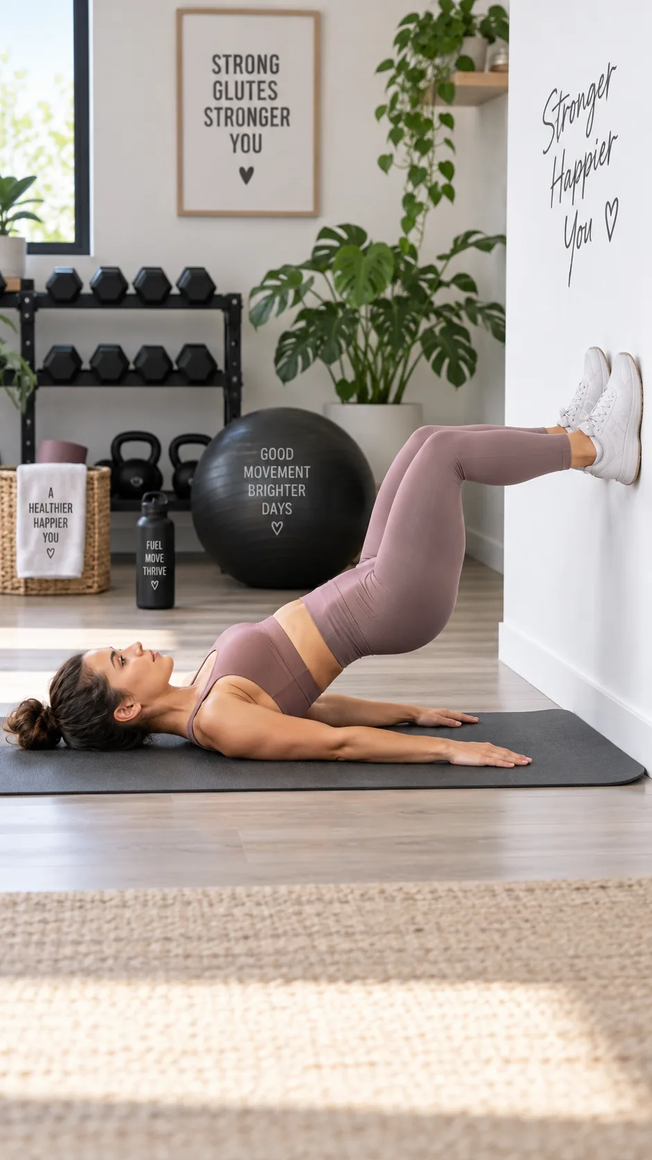 A woman performing a wall glute bridge exercise with her feet pressed flat against a white wall, lying on a yoga mat, demonstrating proper form with hips raised, photographed from the side in a well-lit home gym setting