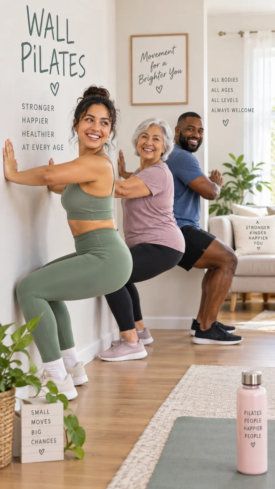 A diverse group of three people of different ages performing wall Pilates exercises together in a bright living room, smiling and engaged, showing the accessibility of the workout for all fitness levels