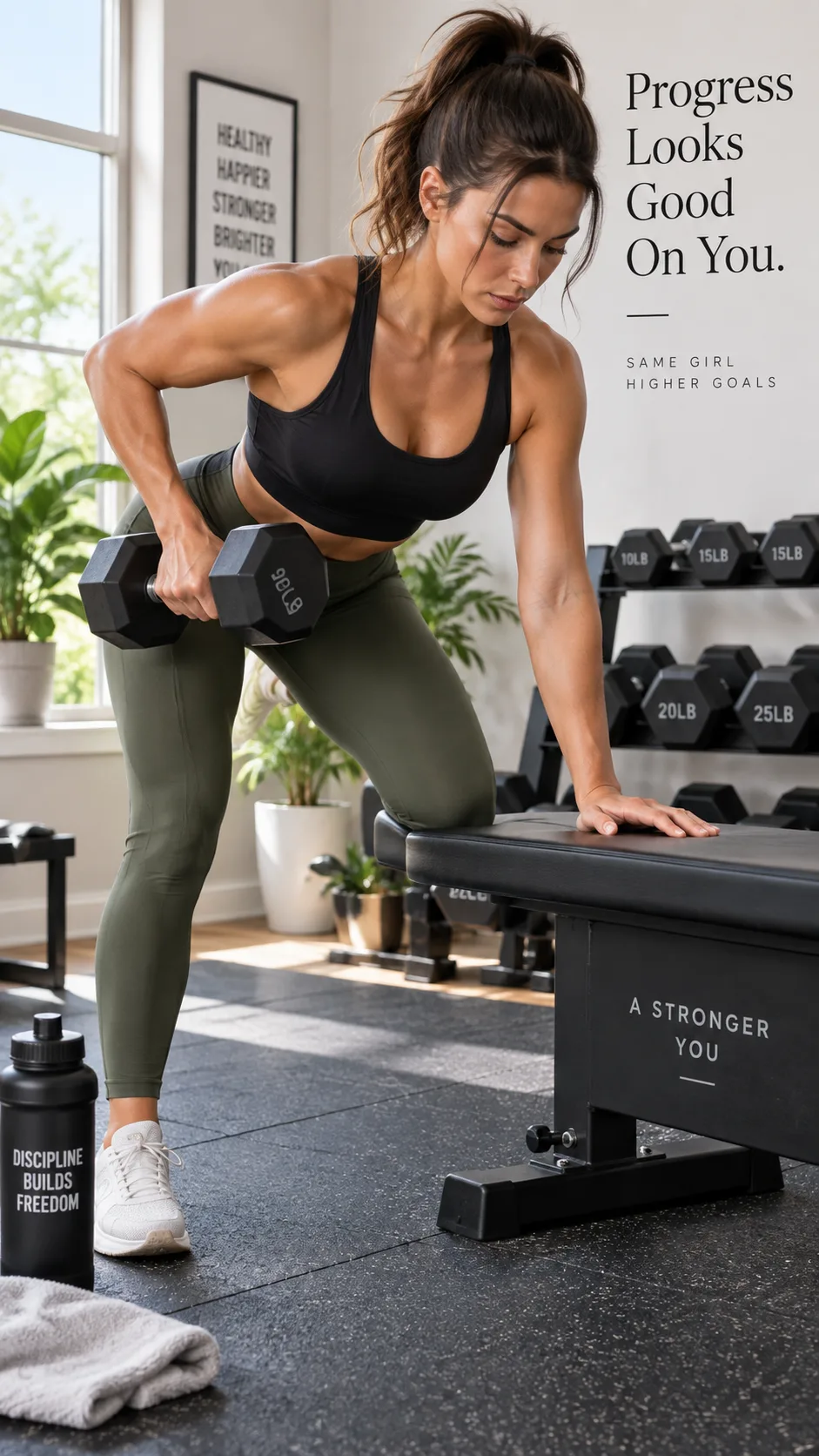A focused woman performing a dumbbell bent-over row in a bright home gym, wearing athletic wear, with a set of dumbbells on a rubber mat floor, natural light coming through a window, motivational and clean aesthetic