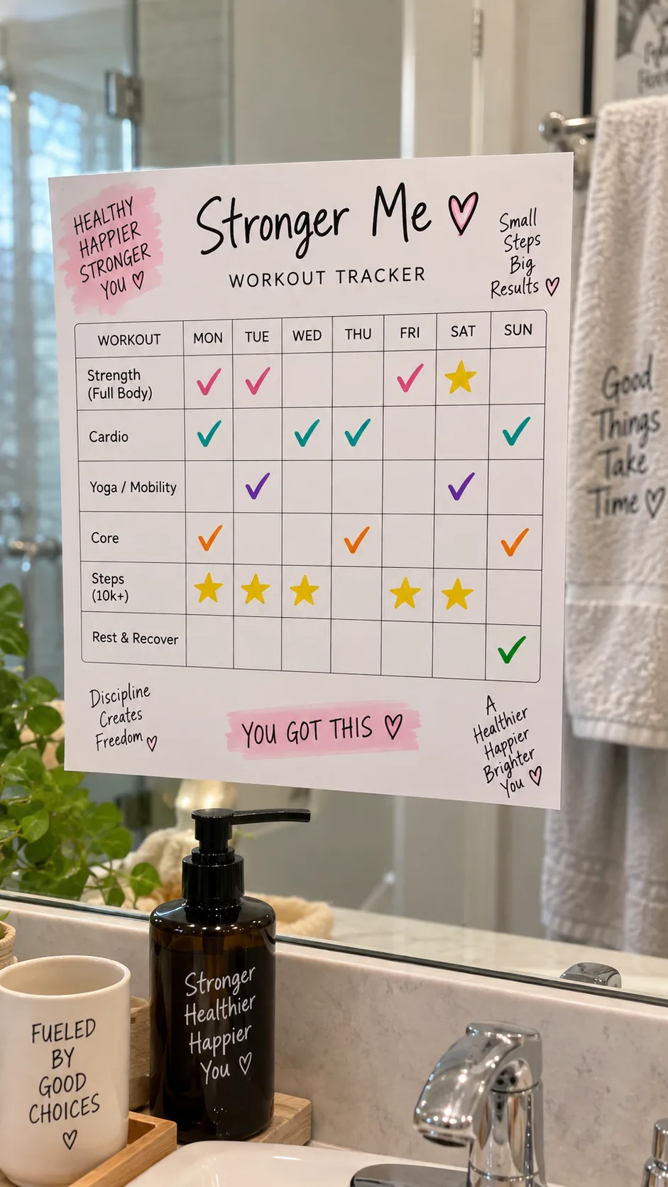 A printed workout chart attached to a bathroom mirror with colorful check marks and stars drawn on it showing completed sessions, personal and motivating atmosphere, natural bathroom lighting
