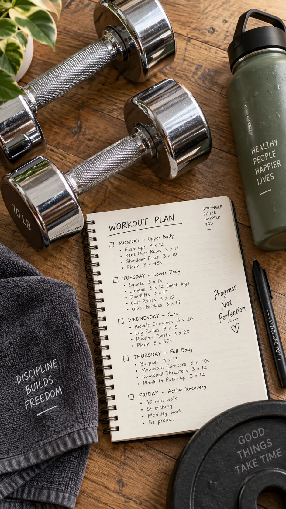 A close-up flat lay of a pair of chrome dumbbells on a wooden gym floor next to a workout plan notebook and a water bottle, warm natural lighting, top-down perspective, fitness and wellness aesthetic