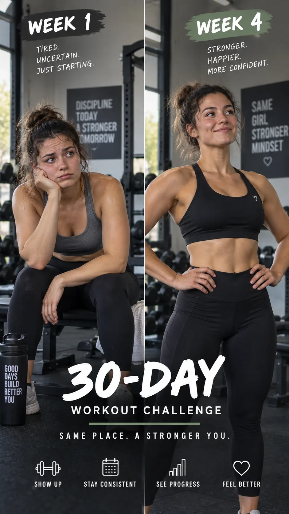 Split before and after comparison of a person during a 30-day workout challenge, left side shows week 1 looking tired and uncertain, right side shows week 4 looking strong and confident, consistent gym setting with natural lighting