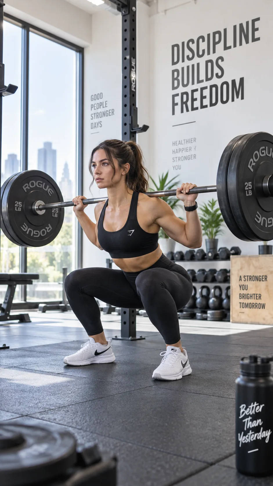 A fit person in a modern gym performing a barbell squat with proper form, bright natural lighting, clean minimalist gym background, motivational atmosphere, wide angle photography