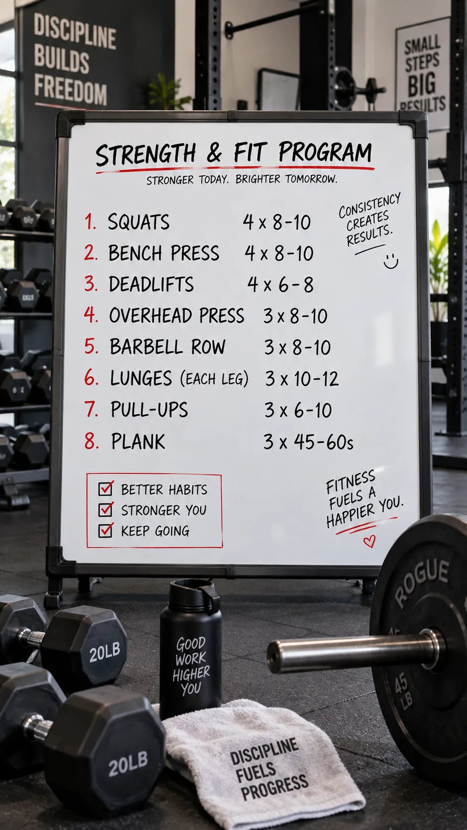 A clean workout program written on a whiteboard in a gym setting, showing exercise names and sets/reps, with dumbbells and a barbell visible in the foreground, sharp focus photography