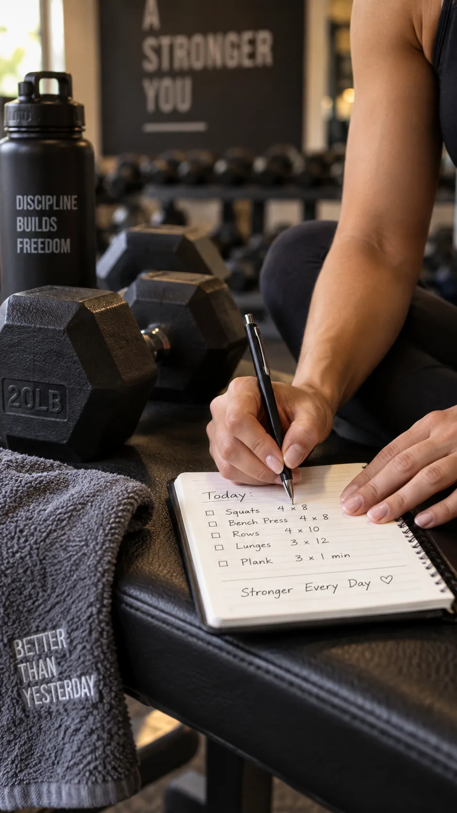 Close-up of hands writing workout notes in a small notebook next to a set of dumbbells on a gym bench, shallow depth of field, warm indoor lighting, realistic fitness photography
