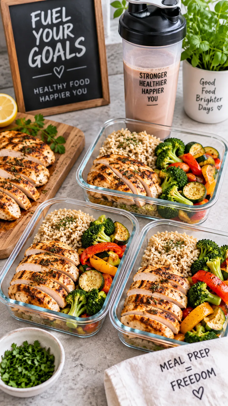 A healthy high-protein meal prep spread on a kitchen counter, grilled chicken, brown rice, vegetables, and a protein shake, bright overhead natural light, food photography style